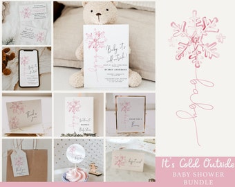 May include: It's Cold Outside Baby Shower Bundle includes printable invitations, thank you cards, welcome signs, favor tags, and cupcake toppers. The design features a pink watercolor snowflake with a handwritten "baby" script.