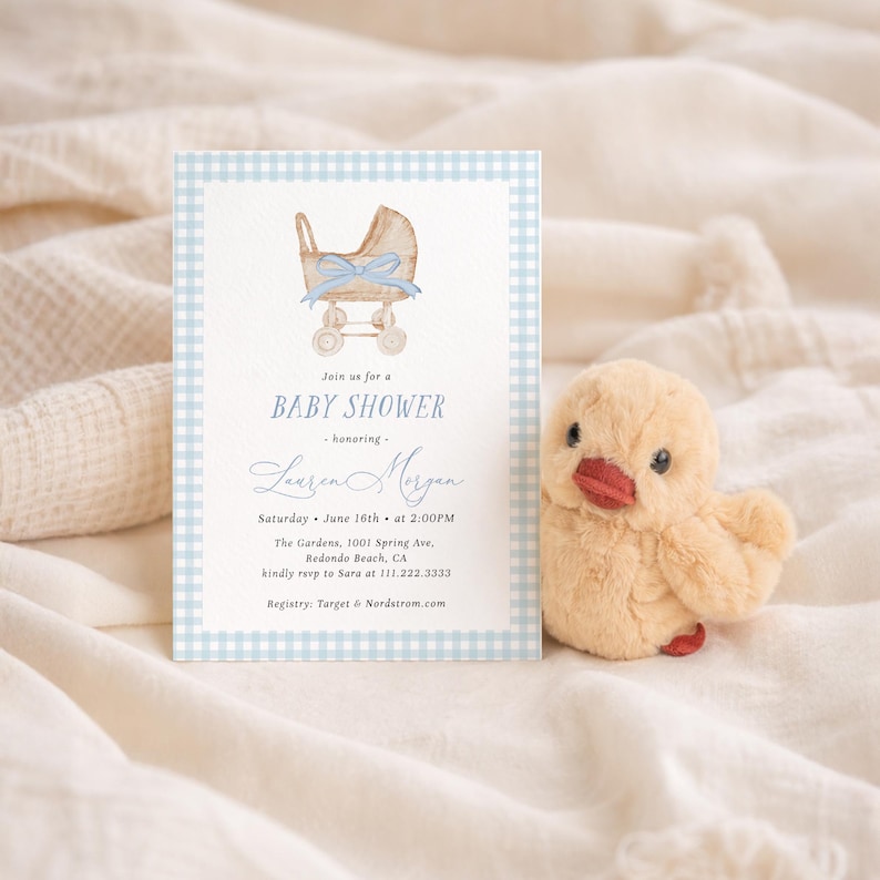 Blue gingham baby shower invitation set featuring a vintage baby carriage illustration, soft baby boy colors, and classic traditional styling. Editable baby shower bundle with coordinated invitation, books for baby card, diaper raffle ticket, and thank you card for an elegant and timeless celebration.