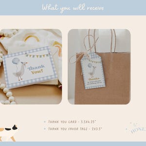 Boy One Silly Goose Birthday Bundle, editable blue goose-themed invitation, decor, and 1st birthday templates.