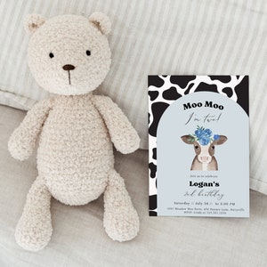 Moo Moo I&#39;m Two Birthday Invitation Template | Editable Farm Boy 2nd Birthday Party Invite | Holy Cow Theme#AN1