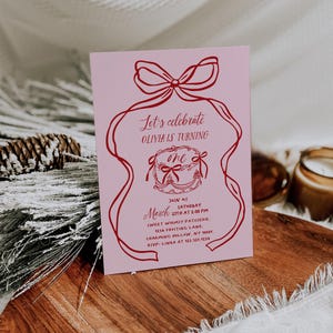 Bow 1st Birthday Invitation Template | Editable Coquette Pink Girly Bow | Coquette Cake | Preppy First Birthday Party#YC0