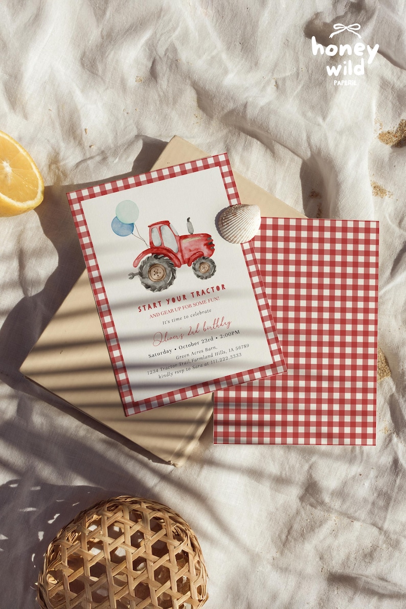 Red tractor 2nd birthday invitation for a boy farm birthday party, featuring a watercolor tractor, balloons, red gingham, and “Start Your Tractor” wording. Perfect for second birthday boys, barnyard parties, farm themes, and tractor-loving toddlers. Instant Access, simple to customize.
