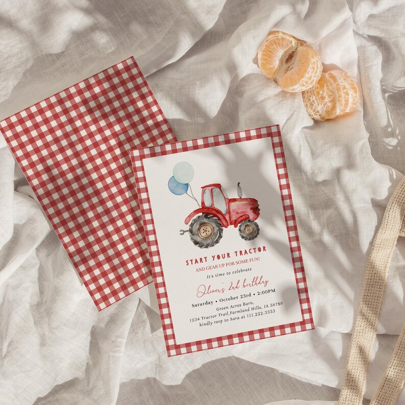 Red tractor 2nd birthday invitation for a boy farm birthday party, featuring a watercolor tractor, balloons, red gingham, and “Start Your Tractor” wording. Perfect for second birthday boys, barnyard parties, farm themes, and tractor-loving toddlers. Instant Access, simple to customize.
