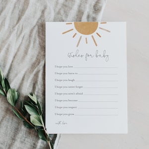 Gioco stampabile Wishes for Sunshine Baby Shower, Parole di saggezza neutre Boho Sun Baby Shower, Gioco modificabile Sunshine Baby Shower#Y230
