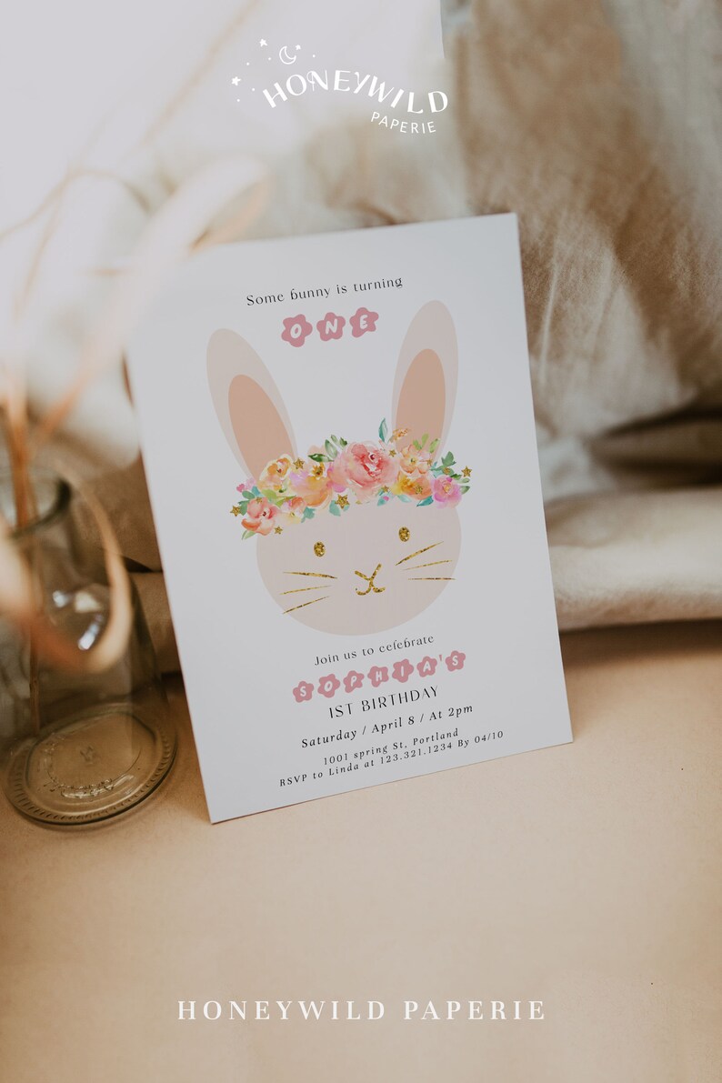 Some Bunny is One Baby Girl First Birthday Invitation Floral Bunny Spring Garden Birthday InviteEaster Rabbit Fully