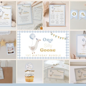 Boy One Silly Goose Birthday Bundle, editable blue goose-themed invitation, decor, and 1st birthday templates.