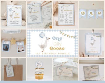 Boy One Silly Goose Birthday Bundle | Editable Goose Invitation, Decor 1st Birthday Templates | Blue Silly Goose 1st Birthday Package#YO2