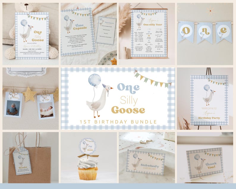Boy One Silly Goose Birthday Bundle, editable blue goose-themed invitation, decor, and 1st birthday templates.