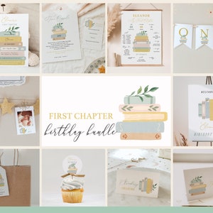 First Chapter Birthday Party Bundle with Editable Invitations, Milestones, and Decorations, Gender Neutral Storybook Birthday Bundle#Y227