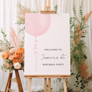 Panneau de bienvenue pour 1er anniversaire de bébé ballon rose pastel, panneau de bienvenue pour 1er anniversaire fille minimaliste, affiche de bienvenue modifiable rose bébé #YB2
