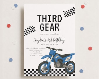 Derde versnelling 3e verjaardagsuitnodiging, Dirt Bike Racing Boy Party (bewerkbare sjabloon)