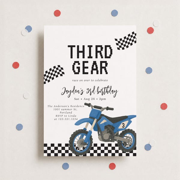 Third Gear 3rd Birthday Invitation, Dirt Bike Racing Boy Party (Editable Template)