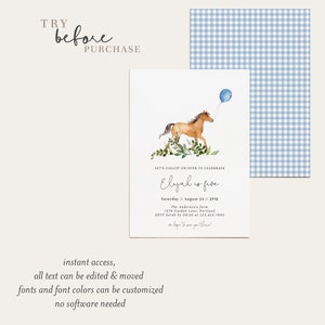 Simple Greenery Little Horse Birthday Invitation, Gallop on Over, Horse Birthday Party Invitation, Farm Birthday Invite, Fully EditableA9 image 4