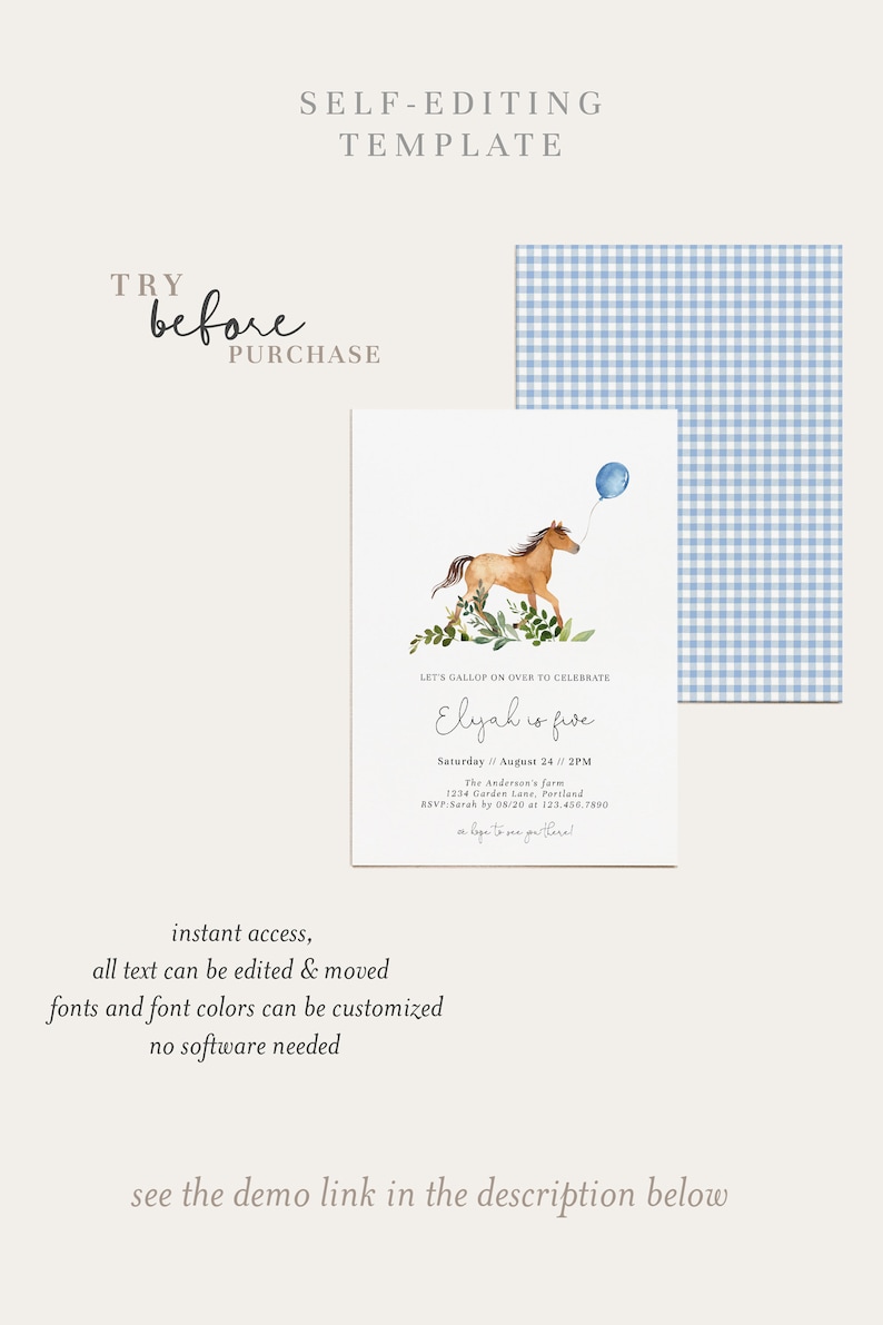 Simple Greenery Little Horse Birthday Invitation, Gallop on Over, Horse Birthday Party Invitation, Farm Birthday Invite, Fully EditableA9 image 4