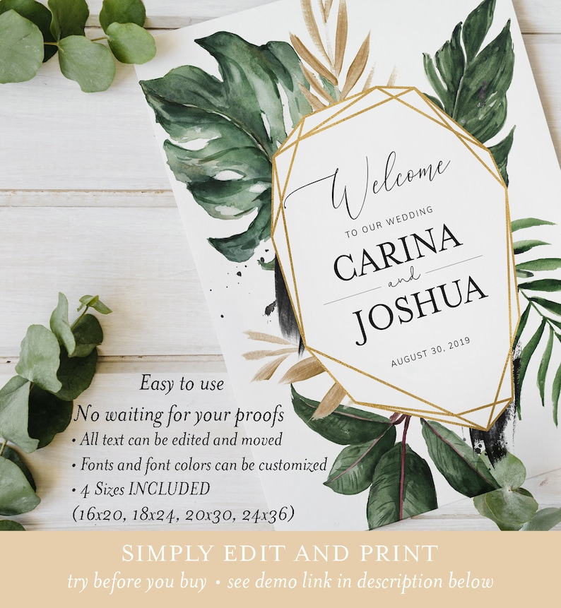 16x20, 18x24, 20x30, 24x36 Tropical Gold Geometric Greenery Wedding Welcome Sign Printable \u2022 INSTANT DOWNLOAD \u2022 Editable Template #WD005