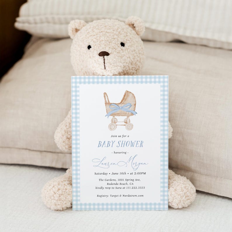 Blue gingham baby shower invitation set featuring a vintage baby carriage illustration, soft baby boy colors, and classic traditional styling. Editable baby shower bundle with coordinated invitation, books for baby card, diaper raffle ticket, and thank you card for an elegant and timeless celebration.