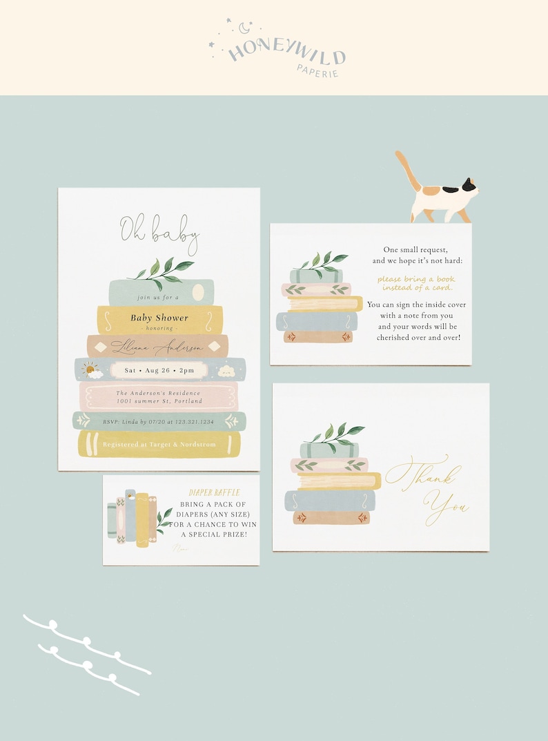 Gender Neutral Storybook Stack Baby Shower Small Bundle, featuring a whimsical storybook design. The set includes editable invitations, book request cards, diaper raffle tickets, and thank you cards, all coordinated for a literary-themed baby shower.