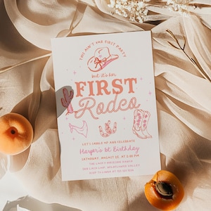Girl&#39;s First Rodeo Birthday Invitation - Editable Cowgirl First Birthday Invitation - Pink Western 1st Birthday Invite#YE1