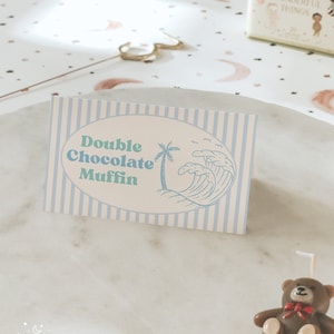 Tarjetas de tienda con etiqueta de comida para fiesta de cumpleaños de The Big One, tarjetas personalizables para nombres de platos de baby shower a bordo, tarjetas de lugar con tema de surf en la playa #SU7