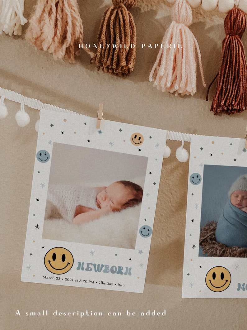 May include: Two white photo cards with a baby photo on each. The cards have a blue and yellow smiley face design with stars and snowflakes. The text on the card reads "NEWBORN" and "March 23, 2021 at 8:20 PM - 7lbs 3oz - 19in".