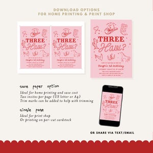 Pink cowgirl “Three Haw” 3rd birthday invitation with western boots, cowboy hat, cactus, and horse — editable printable rodeo theme party invite for girls.