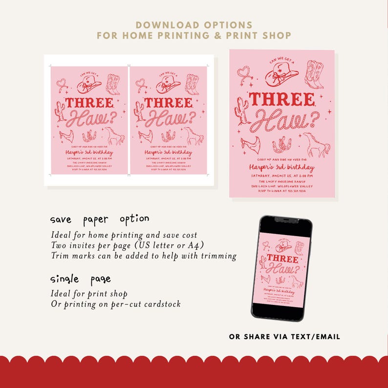 Pink cowgirl “Three Haw” 3rd birthday invitation with western boots, cowboy hat, cactus, and horse — editable printable rodeo theme party invite for girls.