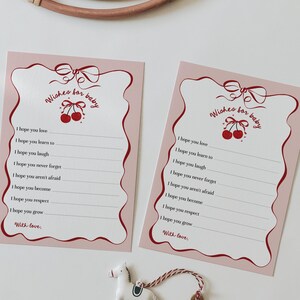 Deseos para una niña: juego imprimible para baby shower, juego editable de cerezas en la parte superior para baby shower, lazo de cinta con cerezas dibujadas a mano #VB3