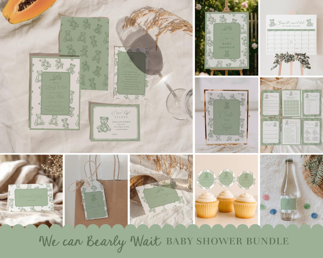 We Can Bearly Wait Baby Shower Bundle – Sage Green Teddy Bear Toile ...