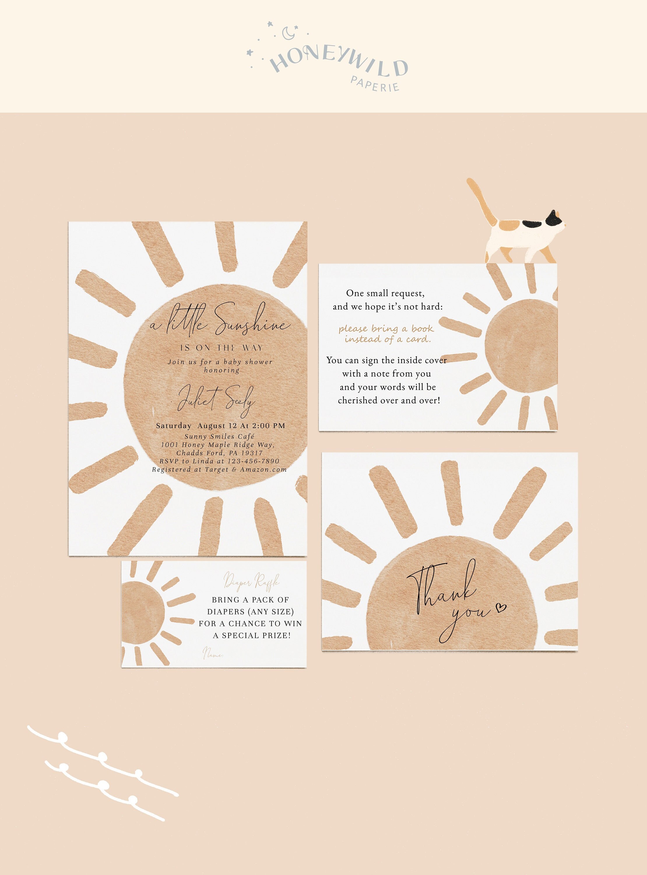 A Little Sunshine Baby Shower Small Bundle Set, Boho Gender Neutral Sun Baby Shower Invitation Package Templates, Fully Editable#Y229