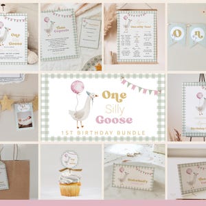 One Silly Goose Birthday Bundle | Editable Goose Invitation, Decor 1st Birthday Templates | Pink Silly Goose Girl&#39;s 1st Birthday Package#YO3