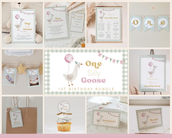 One Silly Goose Birthday Bundle | Editable Goose Invitation, Decor 1st Birthday Templates | Pink Silly Goose Girl's 1st Birthday Package#YO3
