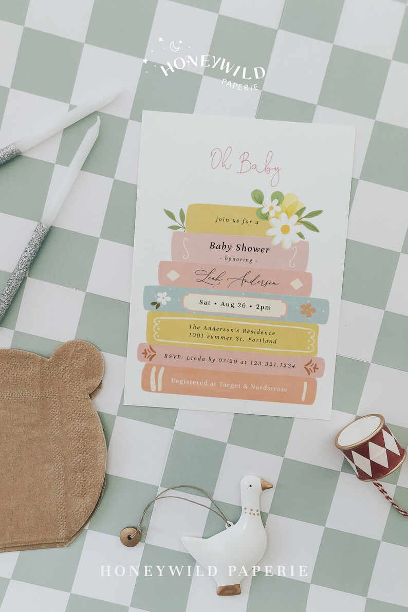 Storybook Stack Baby Shower Invitation, Girl Editable Book Themed Baby Shower Invite, Book Lovers, Girl Storybook Baby ShowerY236 image 2