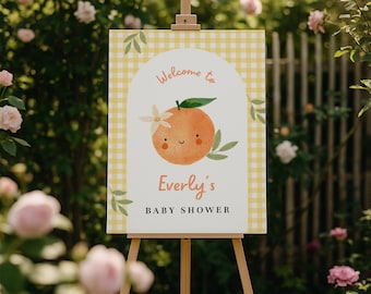 Cartel de bienvenida para baby shower "Little Cutie", letrero de bienvenida para fiesta de cumpleaños de bebé "Little Cutie", letrero de bienvenida naranja divertido, totalmente editable#FA2