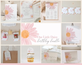 Paquete de fiesta de primer cumpleaños de Little Pink Daisy con invitaciones, hitos y decoraciones personalizables, cumpleaños de Pink Daisy#S17