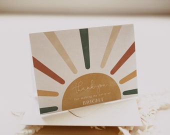 Boho Sun Thank you Card, For Sunshine Birthday, Here Comes The Sun Shower, First Trip Around The Sun Birthday Fully Editable Template#Y232