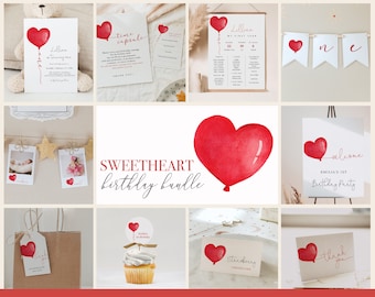 Lilla Älskling Alla hjärtans dag 1-årsfestpaket med anpassningsbara inbjudningar, milstolpar och dekorationer, februari födelsedag #23V1