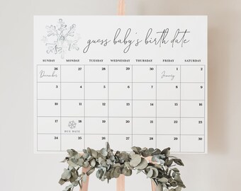 Kleine Schneeflocke Babyparty Errate das Geburtsdatum des Babys Spiel, bearbeitbar Errate das Geburtsdatum des Babys Kalender, Winter-Babyparty-Spiel, voll editierbar # WS4