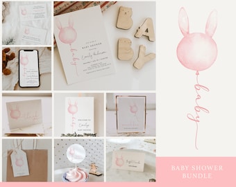 Edytowalny zestaw na baby shower z króliczkiem – Girl Some Bunny Baby Shower – różowe zaproszenie na baby shower Some Bunny, gry i dekoracje #S222