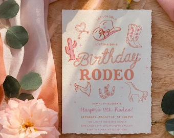 May include: A pink and white illustrated invitation for a birthday rodeo. The invitation features a cactus, a cowboy hat, a horseshoe, and a lasso. The text reads "Let's go girls! It's time for a Birthday Rodeo! Join us to celebrate Harper's 11th Rodeo! Saturday, August 15, at 2:00 PM. The Lucky Horseshoe Ranch, 5811 Last Lane, Wildflower Valley. RSVP to Lina at 123.321.1234."