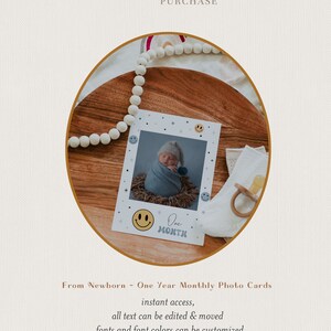 May include: A set of printable monthly photo cards for a baby's first year. The cards feature a smiling face with stars and the text "One Month".