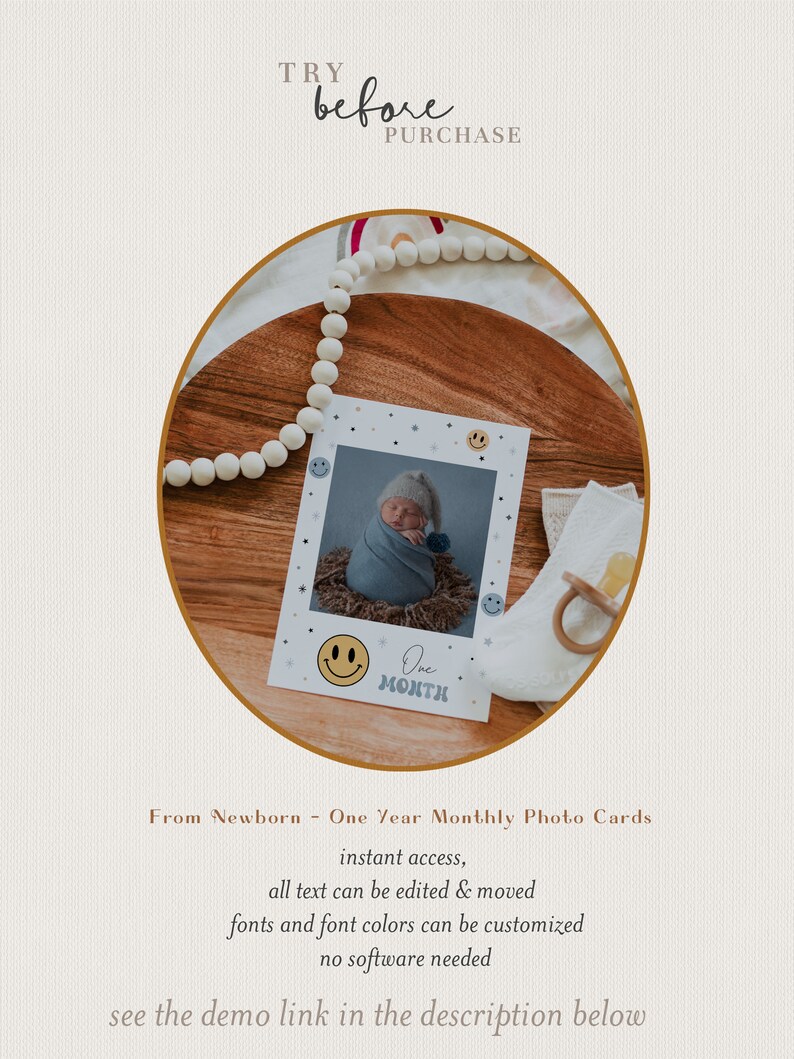 May include: A set of printable monthly photo cards for a baby's first year. The cards feature a smiling face with stars and the text "One Month".
