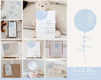 Sweet and Minimal Pastel Blue Baby Shower Bundle, Oh Baby Baby Shower Set, Up Up Away Editable Templates for Boy Baby Shower#YB1