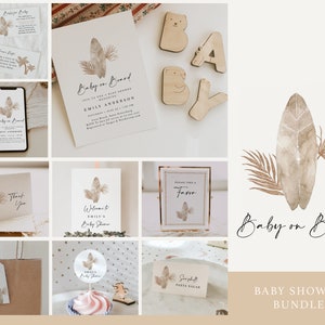 Baby aan boord babyshower babyshowerbundel | Genderneutraal surfthema | Bewerkbare boho-stranduitnodiging babyshower, games en decor#SU6
