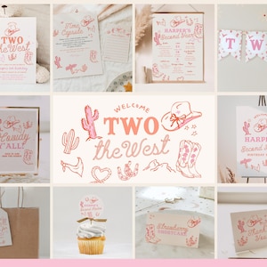Welcome TWO The West Birthday Bundle - Hand Drawn Pink Cowgirl Western 2nd Birthday Package - Editable Girl 2nd Rodeo Birthday Bundle#YE1