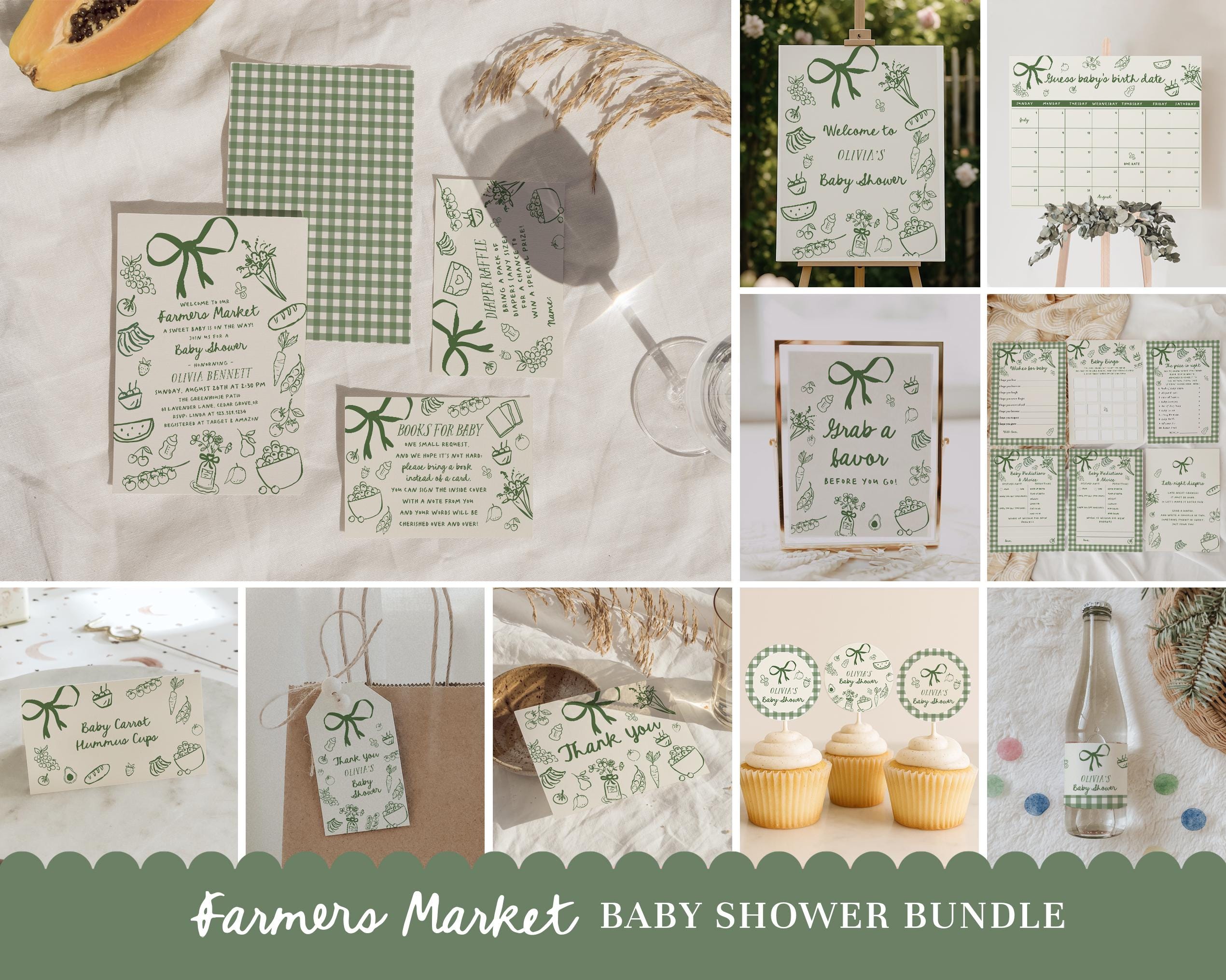 Farmers Market Baby Shower Bundle - Editable Locally Grown Baby Shower Invitation, Games & Decor - Hand Drawn Farmers Market Baby Shower#SA4