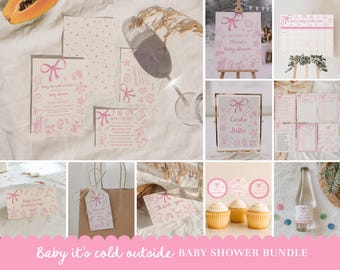 May include: A collection of pink baby shower stationery, including invitations, a welcome sign, a calendar, and cupcake toppers. The designs feature a bow and floral elements. The text "Baby it's cold outside BABY SHOWER BUNDLE" is displayed.