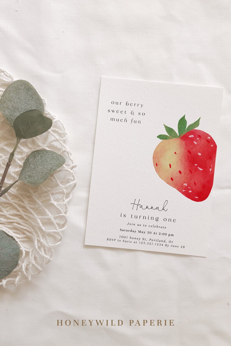 Berry Sweet Birthday Invitation Berry First Birthday Party Invite Girl Strawberry Birthday Invitation Any Age Editable