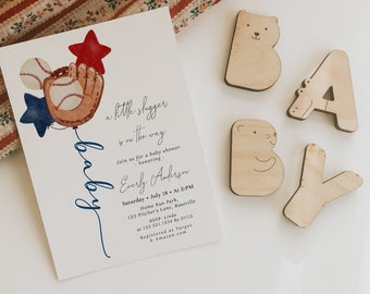 d'invitation de baby shower de base-ball | Un petit cogneur est en route | Faire-part bébé saupoudrer modifiable | Thème Petite recrue#YA5