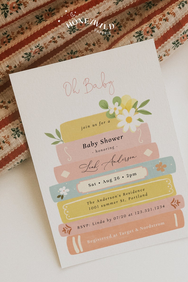 Storybook Stack Baby Shower Invitation, Girl Editable Book Themed Baby Shower Invite, Book Lovers, Girl Storybook Baby ShowerY236 image 4