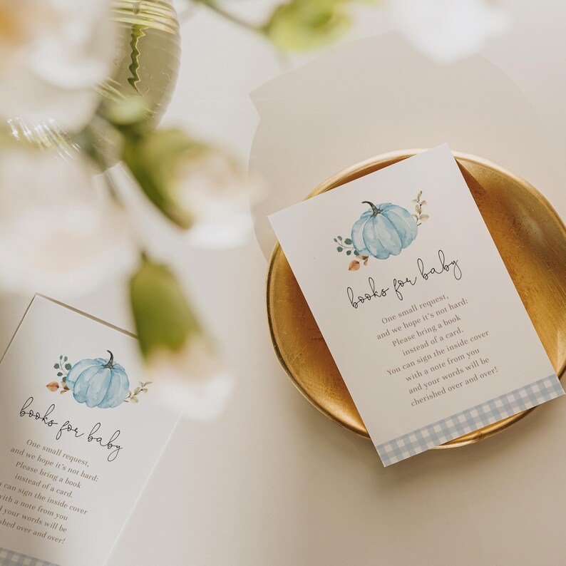Blue Gingham Baby Shower Invitation Set with watercolor blue pumpkins, classic blue gingham pattern, and minimalist fall styling. Includes invitation, Books for Baby card, Diaper Raffle ticket, and Thank You Card. Perfect for boy fall baby showers, little pumpkin themes, harvest celebrations, and baby boy events.